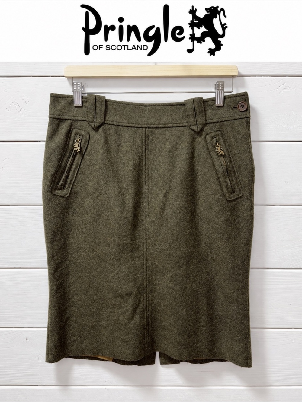 PRINGLE OF SCOTLAND – Olive Wool Blend Pencil Skirt – Size US 10